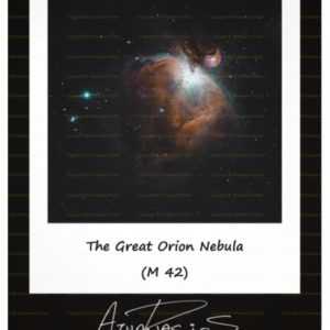 This A6-sized gloss card features a stunning black background and a white Polaroid-style frame showcasing the breath-taking Great Orion Nebula. Below the image, each card is personally autographed by Athanasios Politis.